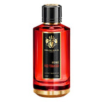 A bottle of Red Tobacco Intense Eau de Parfum by Mancera with a red tint and black cap, labeled with the product name and brand.