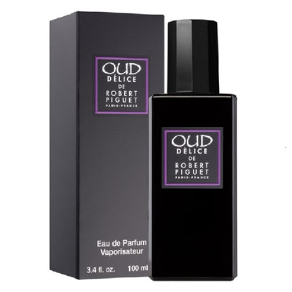 Oud Delice de Robert Piguet perfume bottle and packaging on a white background