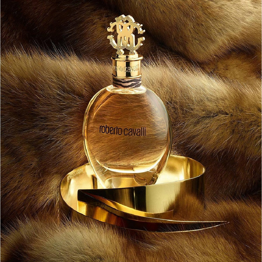 Roberto Cavalli perfume bottle on a fur surface