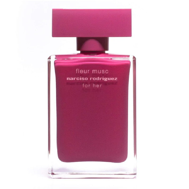 Pink perfume bottle labeled 'fleur musc' by Narciso Rodriguez on a white background