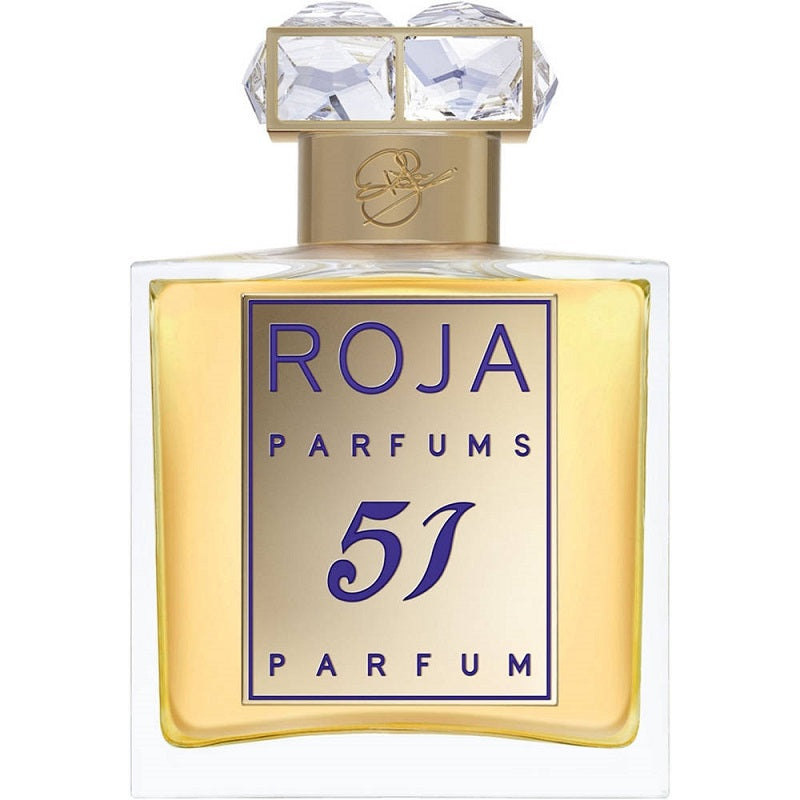Roja Parfums 51 parfum bottle with gold and purple design on a white background