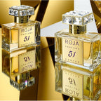 Two bottles of Roja Parfums 51 parfum on a reflective surface with a gold background.