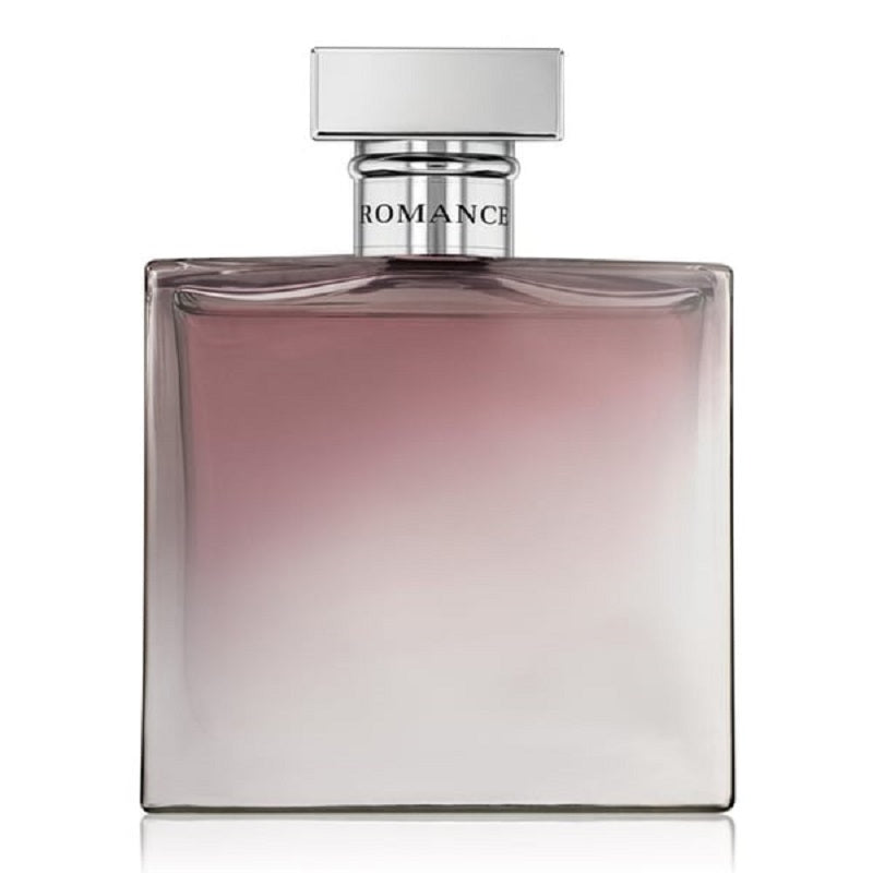 A bottle of Romance Parfum Eau De Parfum by Ralph Lauren with a gradient of purple to clear, labeled with the product name.