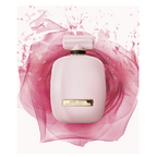 Pink perfume bottle with floral design on a white background