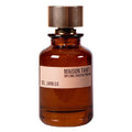 Brown perfume bottle with a label on a white background