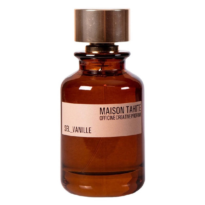 Brown perfume bottle with a label on a white background