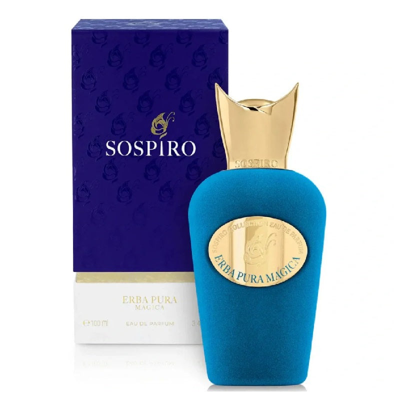 Blue perfume bottle with gold accents and Sospiro packaging on a white background