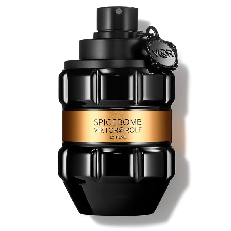 A black bottle of Spicebomb Extreme Eau de Parfum by Viktor & Rolf with a gold label and a key-shaped decal on the cap.