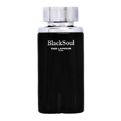 Black perfume bottle with silver cap labeled 'Black Soul' by Ted Lapidus on a white background
