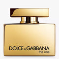A golden bottle of Dolce & Gabbana The One Eau de Parfum with a black cap and branding on the front.