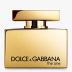 A golden bottle of Dolce & Gabbana The One Eau de Parfum with a black cap and branding on the front.