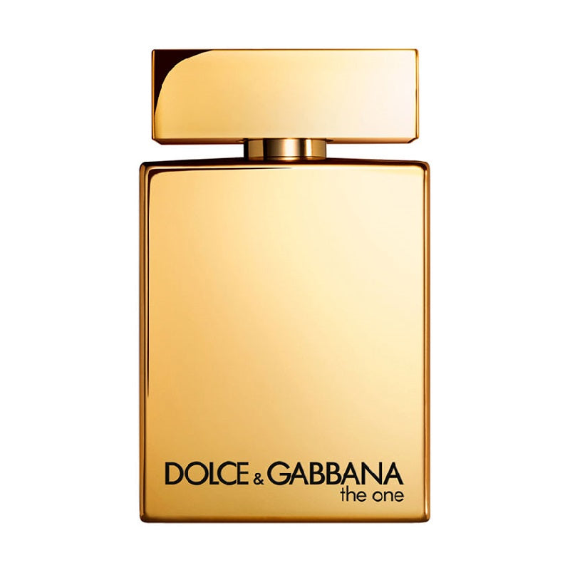 Gold Dolce & Gabbana perfume bottle on a white background