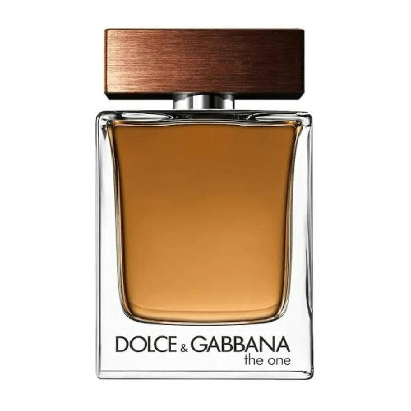 A glass bottle of Dolce & Gabbana 'The One' Eau de Toilette for men with a wooden cap.