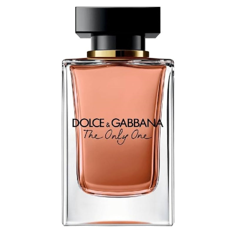 A glass bottle of Dolce & Gabbana The Only One Eau de Parfum with a pink-tinted liquid visible and the brand name displayed on the label.