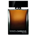 A bottle of Dolce & Gabbana 'The One' Eau de Parfum for men, with a dark amber liquid visible and the brand name displayed on the label.