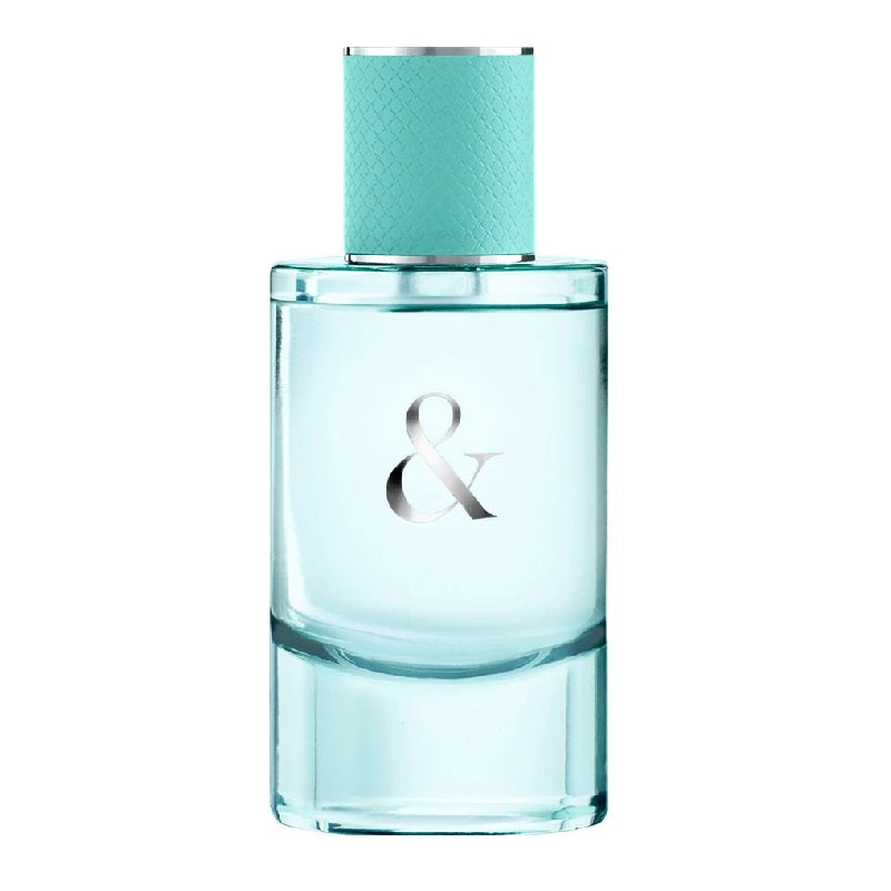 Perfume bottle with a light blue cap and body on a white background