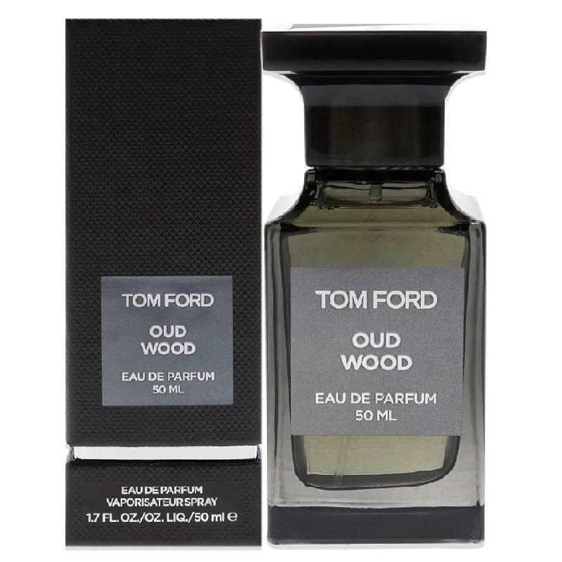 Tom Ford Oud Wood Eau de Parfum bottle and packaging on a white background