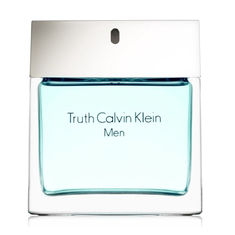 A bottle of 'Truth Calvin Klein Men' eau de toilette with a clear, blue-tinted glass design and a white cap.