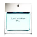 A bottle of 'Truth Calvin Klein Men' eau de toilette with a clear, blue-tinted glass design and a white cap.