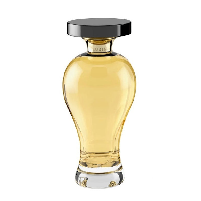Perfume bottle with a black cap on a white background