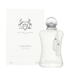 Box and Bottle Image: Valaya 75 ml Eau de Parfum by Parfums de Marly – elegant white bottle and matching box reflecting sophistication, light, and refined luxury.