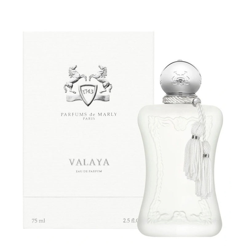 Box and Bottle Image: Valaya 75 ml Eau de Parfum by Parfums de Marly – elegant white bottle and matching box reflecting sophistication, light, and refined luxury.