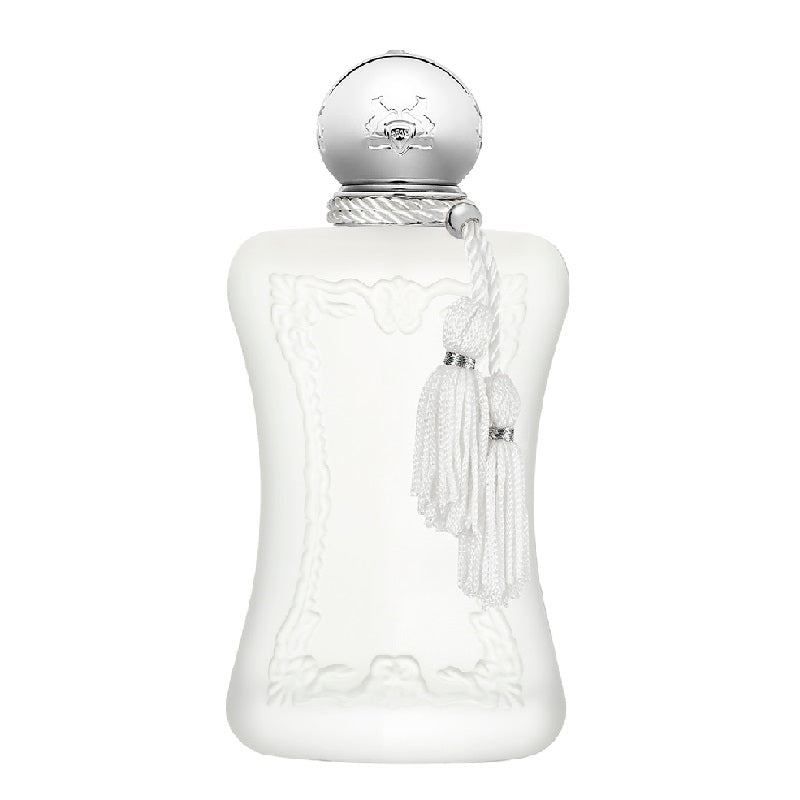 A white, round bottle of Valaya Parfum by Parfums de Marly with a silver cap and a tassel attached to the lid.