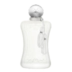 A white, round bottle of Valaya Parfum by Parfums de Marly with a silver cap and a tassel attached to the lid.