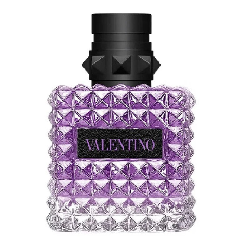 Valentino perfume bottle with purple diamond-patterned design on a white background