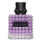 Valentino perfume bottle with purple diamond-patterned design on a white background
