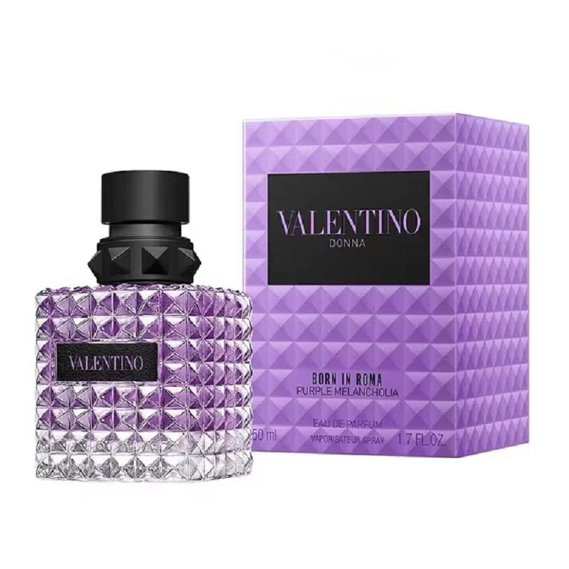 Valentino perfume bottle and packaging with purple diamond pattern on a white background