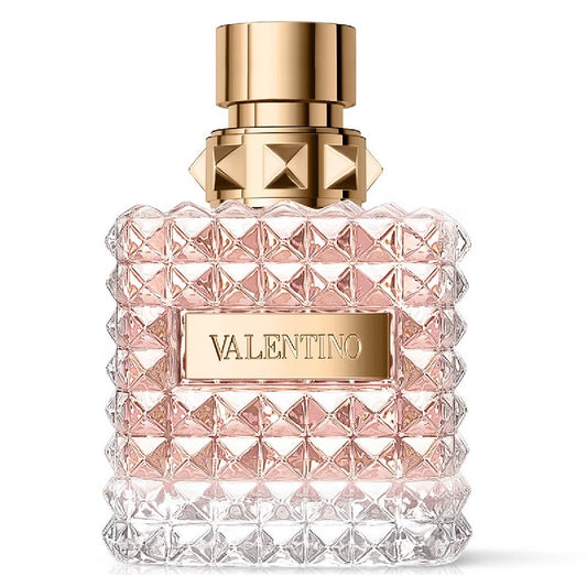 Valentino perfume bottle with geometric design and gold cap on a white background