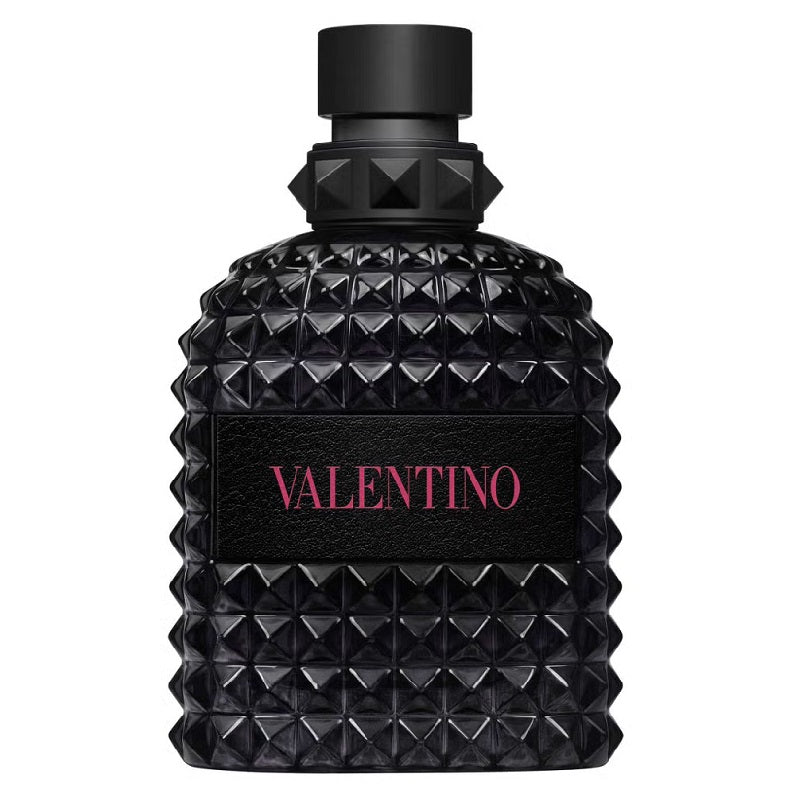 Black textured Valentina perfume bottle on a white background