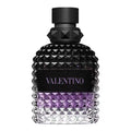 Valentino perfume bottle with black and purple design on a white background