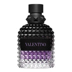 Valentino perfume bottle with black and purple design on a white background