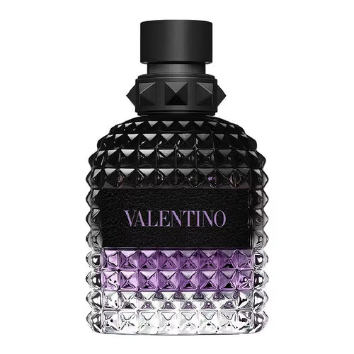 Valentino perfume bottle with black and purple design on a white background