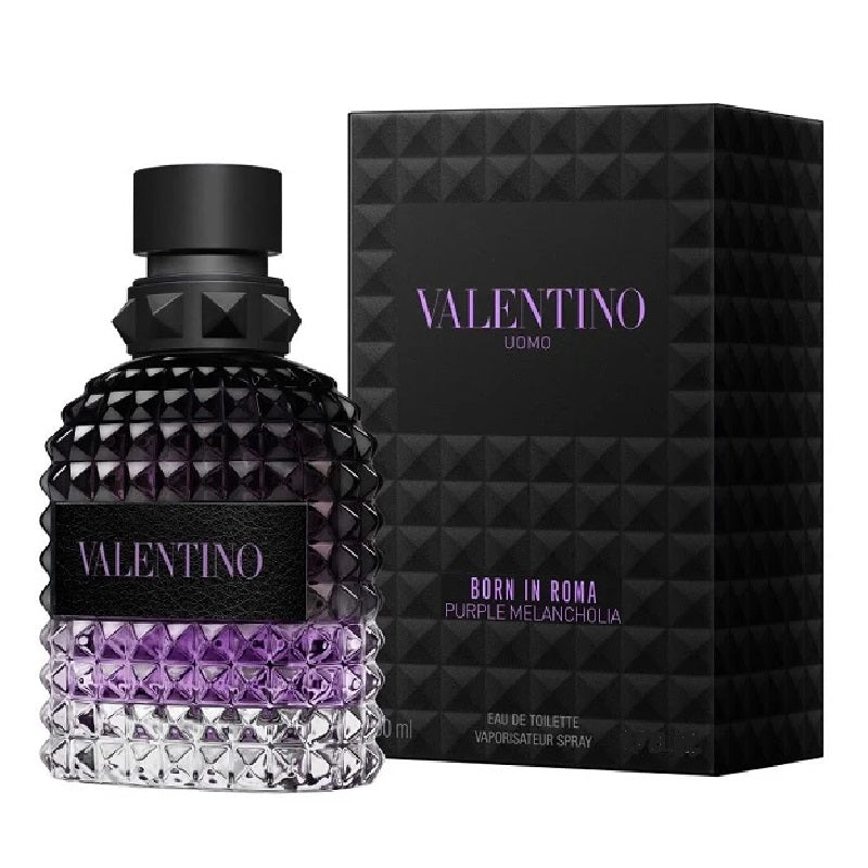 Valentino Uomo Born in Roma Purple Melanclolia perfume bottle and packaging on a white background