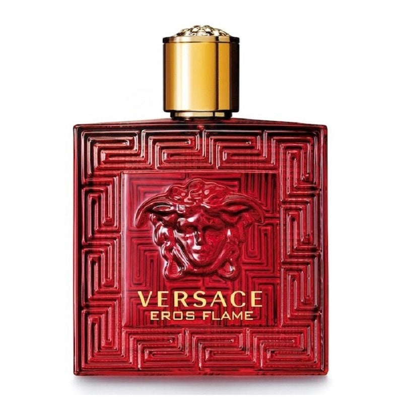 Versace Eros Flame perfume bottle with red design and gold cap on a white background