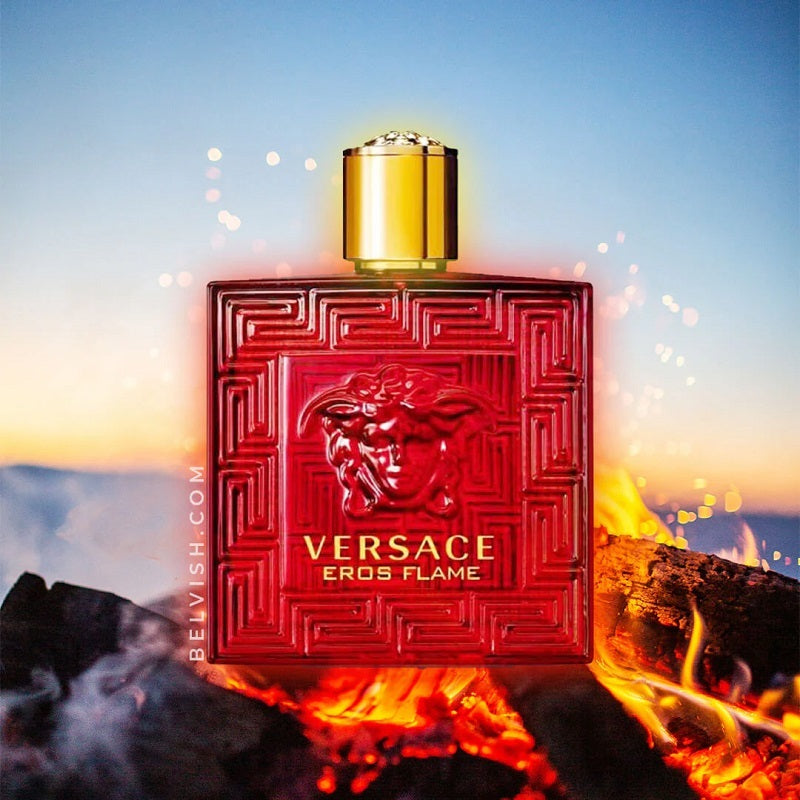 Versace Eros Flame perfume bottle with a fiery background