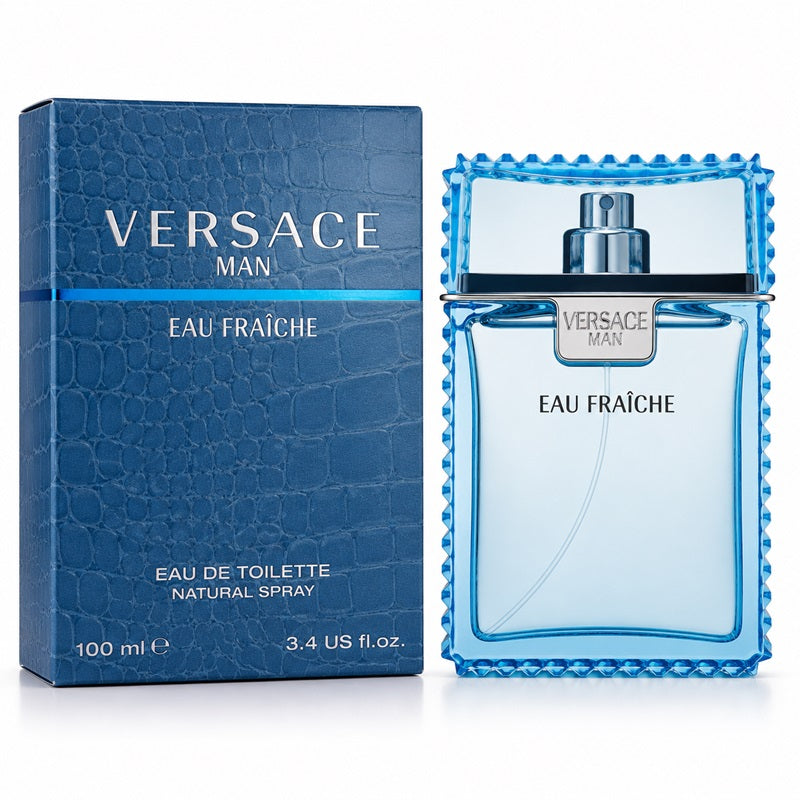 Versace Man Eau Fraçhe eau de toilette natural spray bottle and its blue packaging box, displayed on a clean white background.