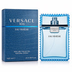 Versace Man Eau Fraçhe eau de toilette natural spray bottle and its blue packaging box, displayed on a clean white background.