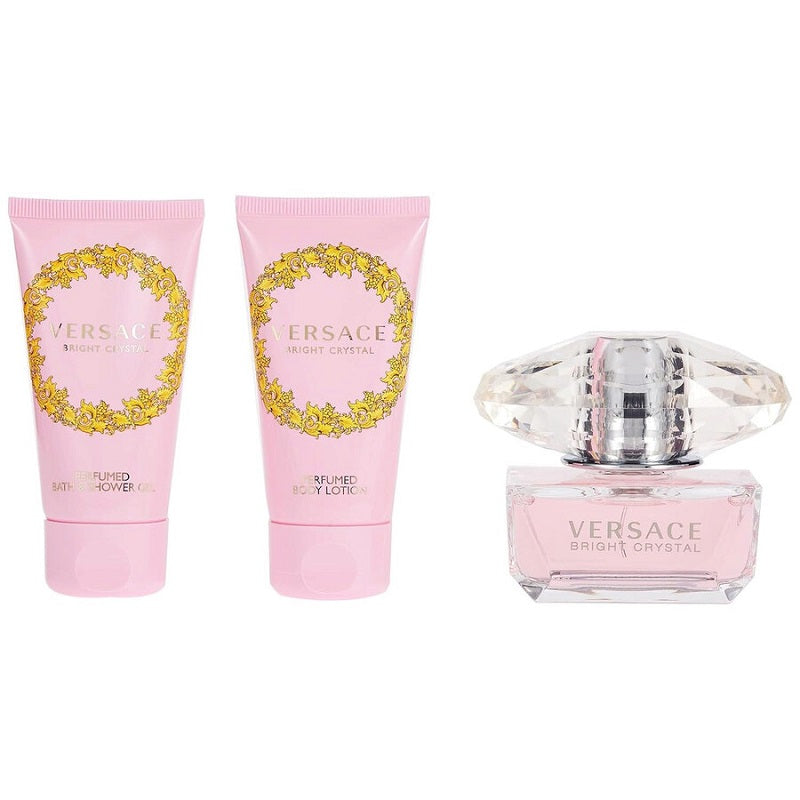 Versace Bright Crystal perfume set with two body lotions on a white background