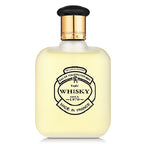 Perfume bottle labeled 'Whisky' with gold cap on a white background