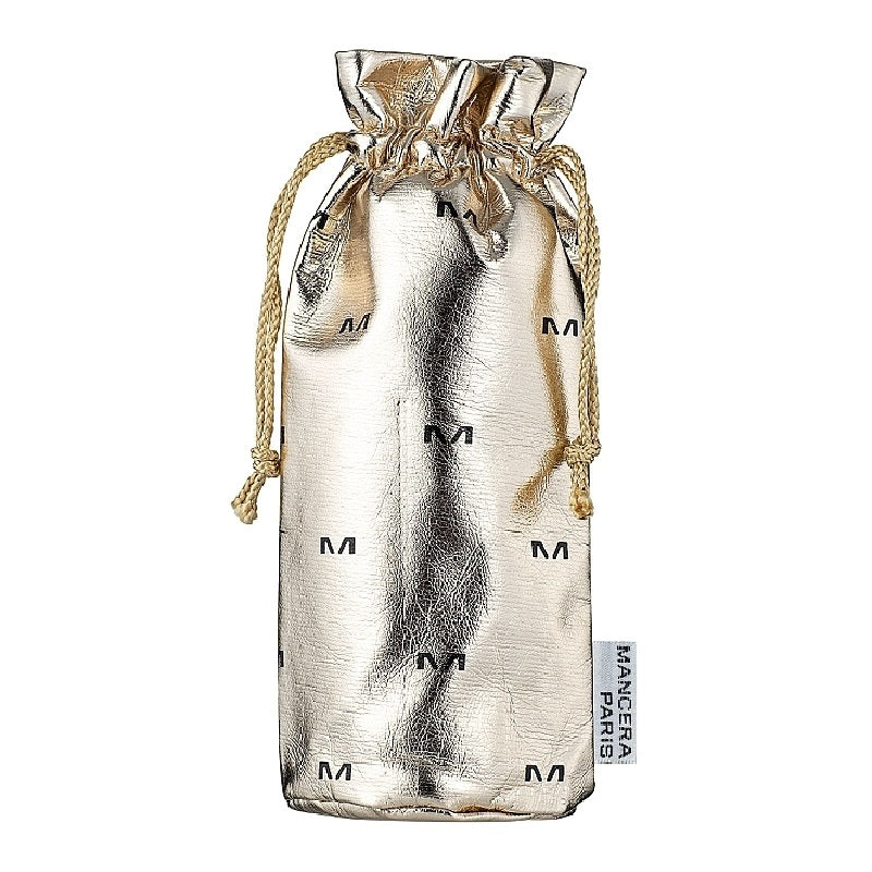 Silver drawstring pouch with 'Mangerie Paris' branding on a white background
