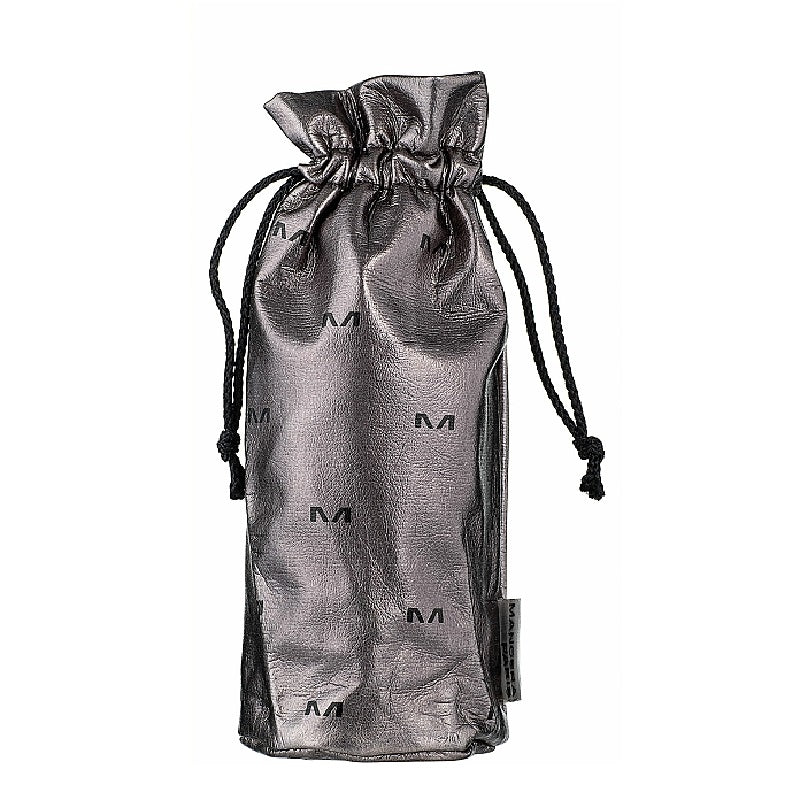 Silver drawstring pouch with brand logo on a white background