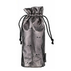 Silver drawstring pouch with brand logo on a white background