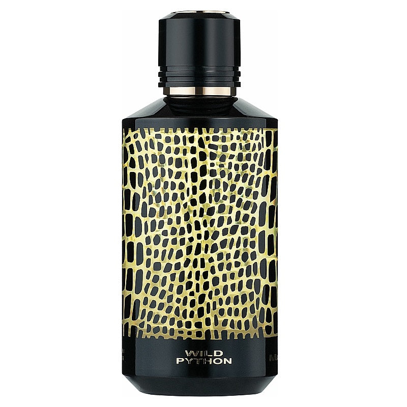 A bottle of Wild Python Eau de Parfum by Mancera with a black cap and a design that resembles a reptile's pattern on the surface.