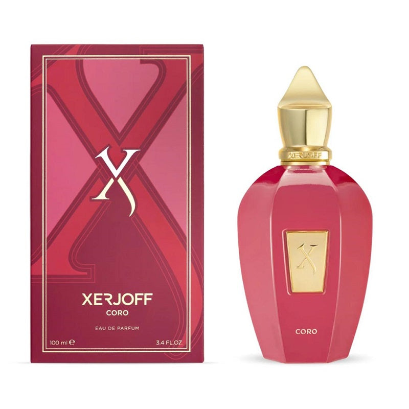 Red Xerjoff Coro perfume bottle and packaging on a white background