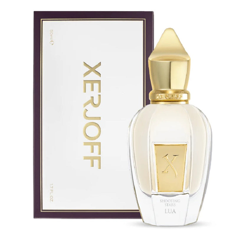Xerjoff perfume bottle with gold cap and packaging on a white background