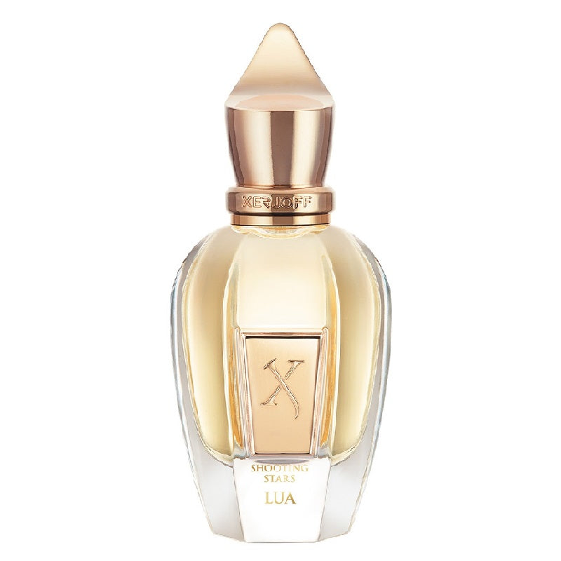Perfume bottle with gold cap and clear body on a white background